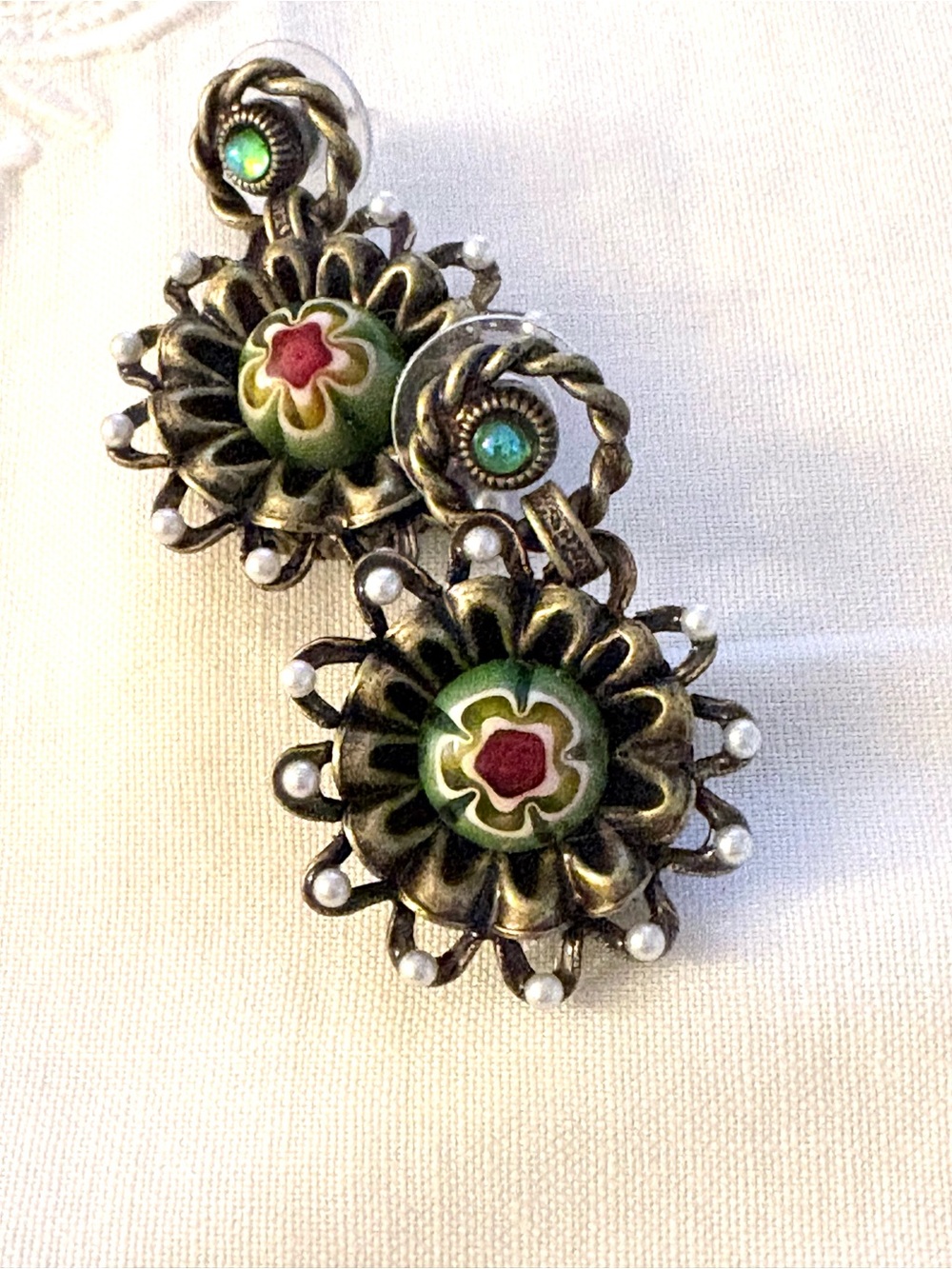 Vintage Floral Enamel Drop Earrings in Green and Red Murano Millefiori Flower - Picture 2 of 6